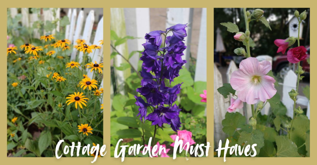 Cottage garaden must haves - black-eyed Susans, delphiums, and hollyhocks