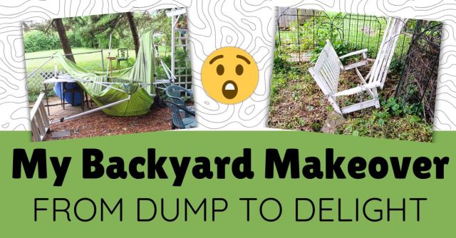 Collage of backyard mishaps with a collapsed green canopy and a broken white porch swing, with bold text reading “My Backyard Makeover: From Dump to Delight.”